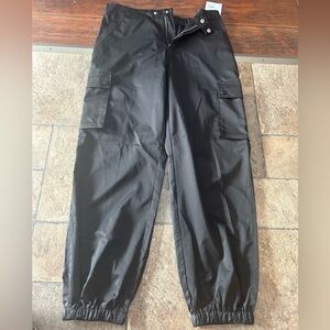 Black silk material cargo joggers
